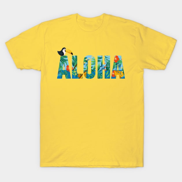 Aloha Hawaiian Flower and Toucan Design T-Shirt by bluerockproducts